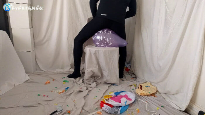 720 . Sit popping small balloons on a chair in leggings